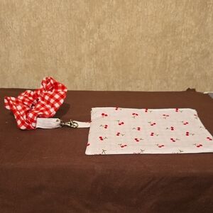 Cherry Print Pouch with Red Gingham Scrunchie